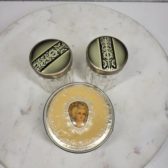 Vintage Glass Vanity Jar Set Cameo Lid & Art Deco Floral Inlay Metal Tops – 3 Pc - Picture 4 of 16